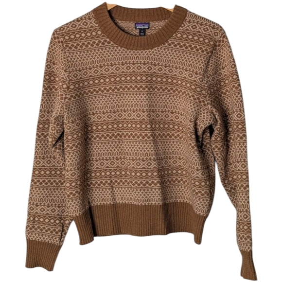 Patagonia Recycled Wool Fair Isle Tan & Ecru Crew Neck Pullover Unisex Sweater M - Picture 1 of 7